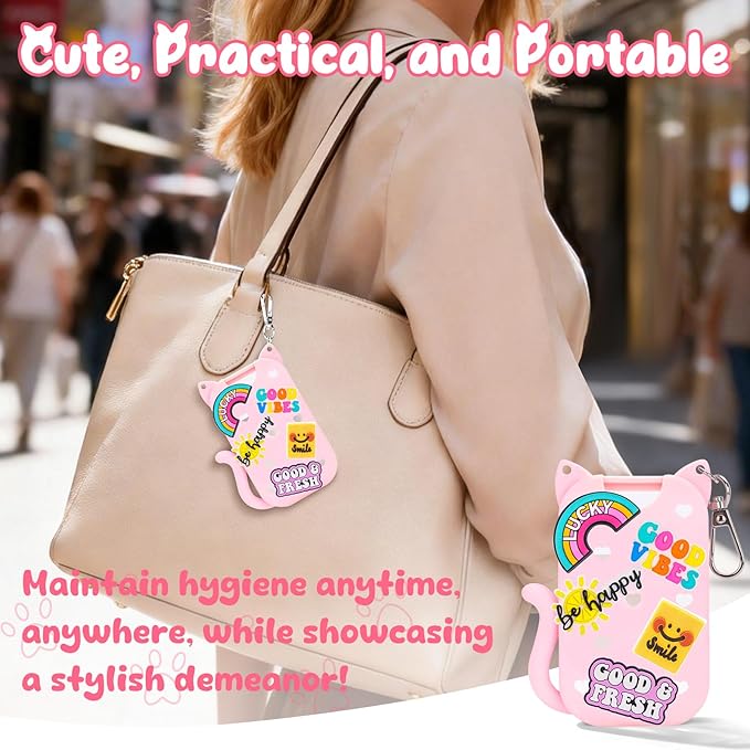 Cat Silicone Case for Touchland Hand Sanitizer Spray with Keychain & Charms,Compatible with Power Mist & Glow Mist 1 FL Oz/30ML for Touchland Case,Cute Travel Cover Sleeve Accessory (Pink Cat)
