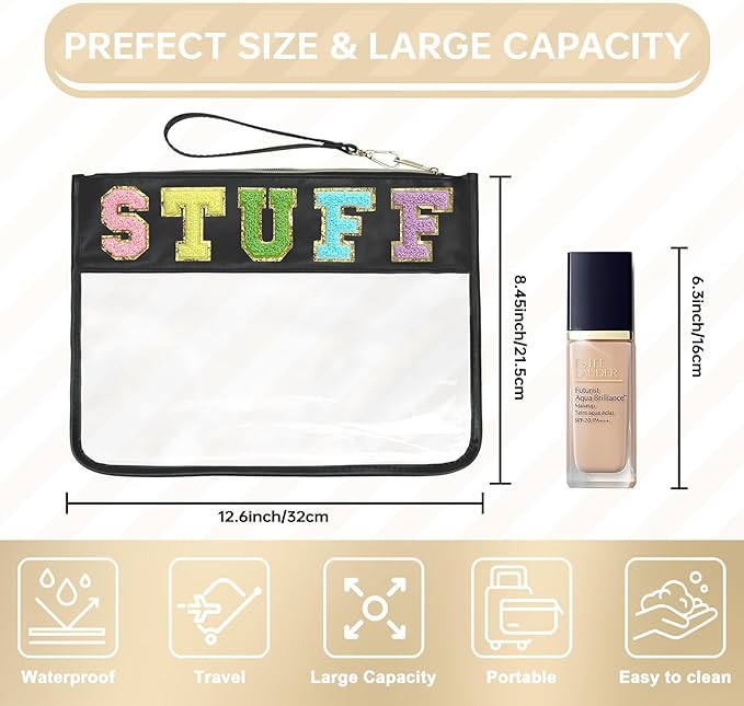 Siwara Snack Bags Clear Pouch Travel Makeup Bag Chenille Letter Bags for Zipper Pouch Clear Cosmetic Bag Clearly Tote Bag Makeup Travel Bags for Women