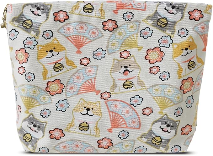 HAPPYHEIDI Canvas Pouch for Travel, Makeup Bag Case, Creamy White Dogs, Cotton, Animal Print, Zipper Closure, 7.1x2.4x7 Inches