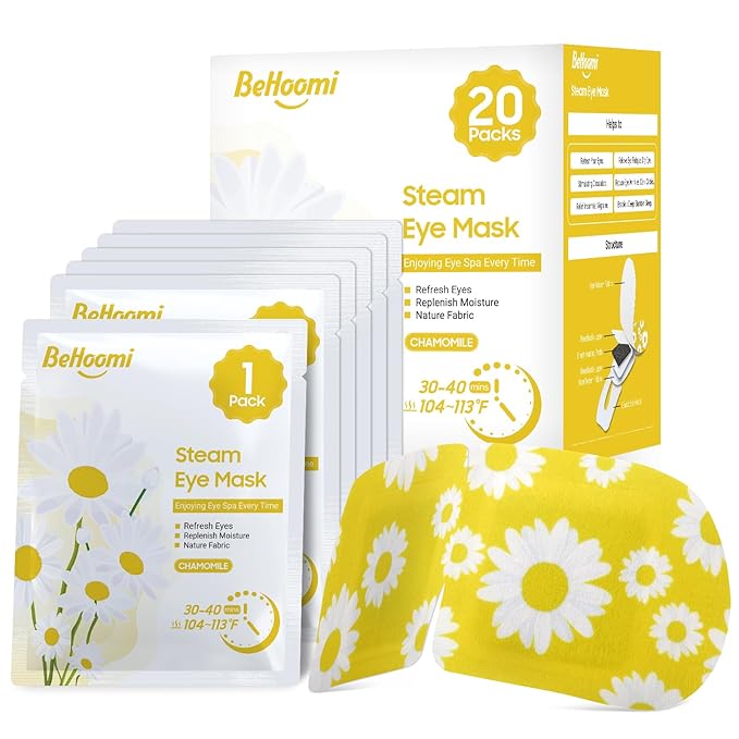 BeHoomi 20Packs Steam Eye Mask, Heated Eye Mask Warm Compress for Eyes, Disposable Self Heating Steam Mask for Sleep, Spa, Travel Essentials, Relaxation Gifts for Women, Mothers Day Gifts (Chamomile)