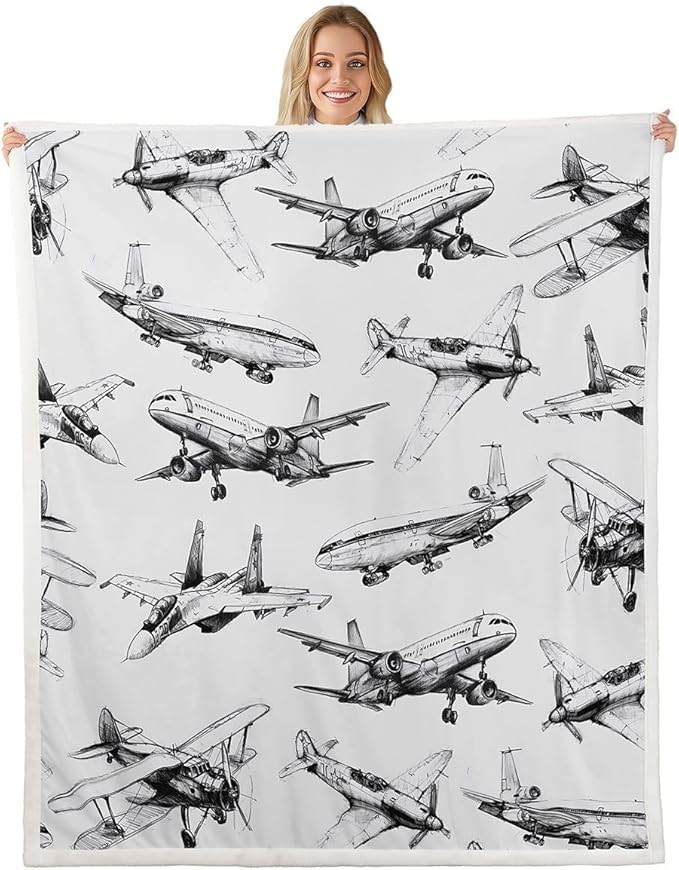 Airplane Kids Throw Blanket - Vintage American Aircraft Fleece Blanket for Girls, Boys & Adults - Black & White - 50 x 60 Inches