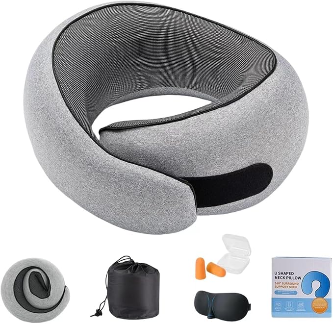 Travel Pillows for Airplanes, 360° Surround Support Memory Foam Airplane Neck Pillow, Comfortable Eye Masks and earplugs, Portable Washable Design for Long Flights, Car Rides & Road Trips
