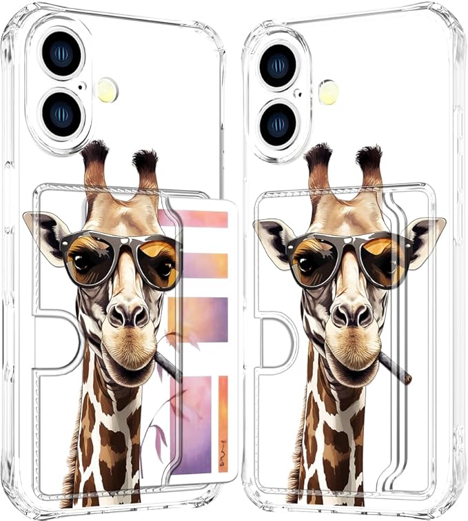 Compatible with iPhone 16 Plus Case Card Holder for Women Cute Design,Wallet Phone Cases Transparent Cool Kawaii Protective (Clear Giraffe Smoking Animal)