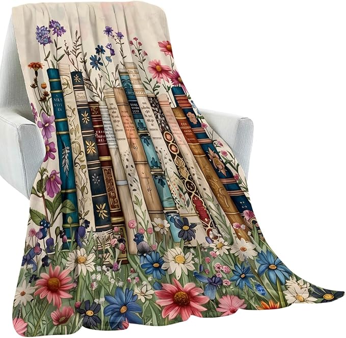 Vintage Book Blanket Gifts for Kids Girls Women,Retro Readers and Floral Throw Blankets,Soft Comfy Lightweight for Room Couch Bed Modern Reading Decor,Literary Lover 50x40in