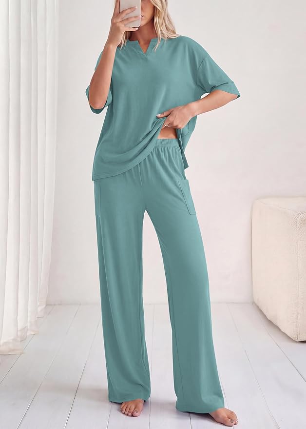 KIRUNDO Womens 2 Piece Matching Lounge Set Airport Travel Vacation Summer Outfits Oversized Short Sleeve Tops Wide Leg Pants