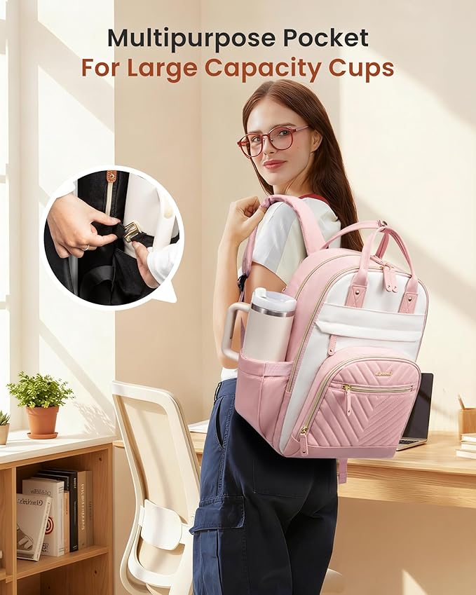 LOVEVOOK Laptop Backpack for Women with Giant Tumbler Holder Pocket,18 inch School College Book Bag Nurse Teacher Backpack,Waterproof Work Travel Backpack Purse Laptop Computer Bag, Beige-Pink-Pink