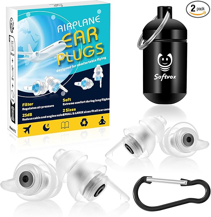 Airplane Ear Plugs 2 Pairs, Prevent Discomfort Pressure Equalizing Earplugs, Flying Travel Essentials, 100x Reusable Flight Plane Earbuds for Adults Kids 12+, 2 Sizes, 25 dB Noise Reduction