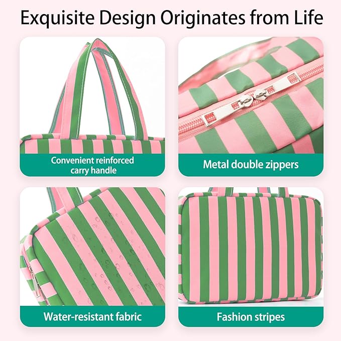 Toiletry Bag for Women Travel Water-resistant Cosmetic Bag Fashion Stripes Makeup Bag with Hanging Hook Preppy for Store Toiletries Cosmetic Accessories Medium Green