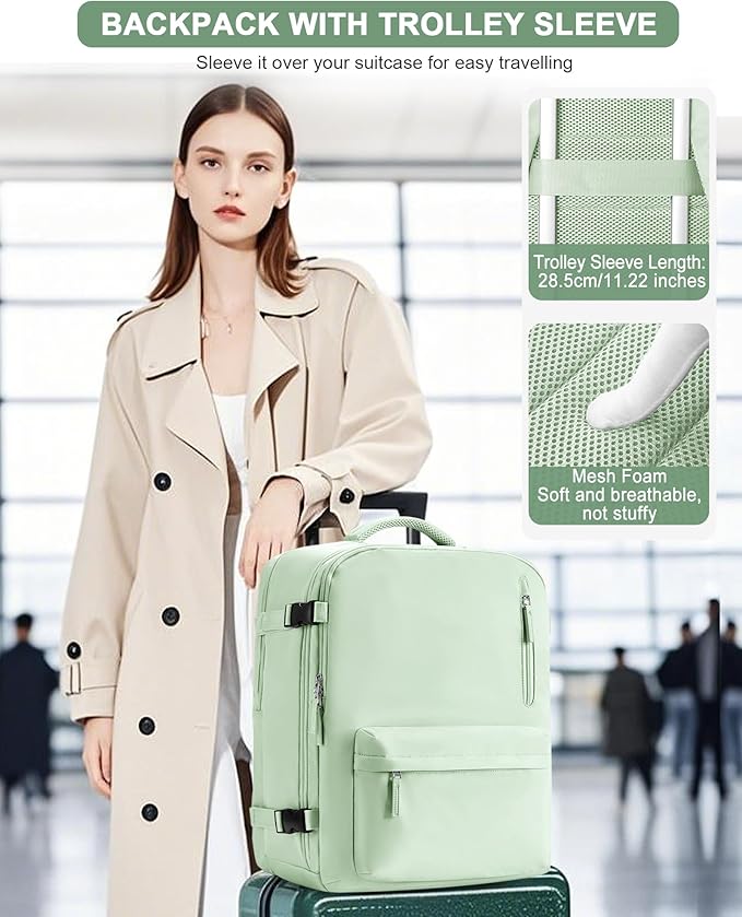 VGCUB Travel Backpack for Women Men for Spirit Airlines Personal Item Bag 18x14x8 Inches Laptop College Backpack,Waterproof Carry on Flight Approved Work Backpack Mochila de Viaje,Large Mint green