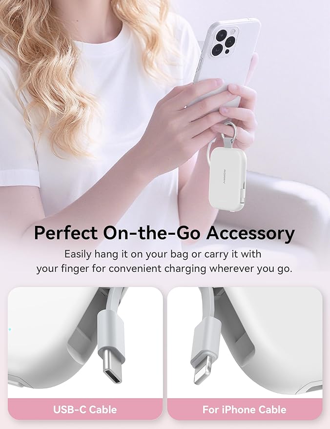 RORRY Portable Charger, 5000mAh Portable Charger Power Bank with Built-in Cables, Travel Keychain Charger Battery Pack for iPhone 17/16/15/14/13/12, for AirPods 2/3/4/Pro, White