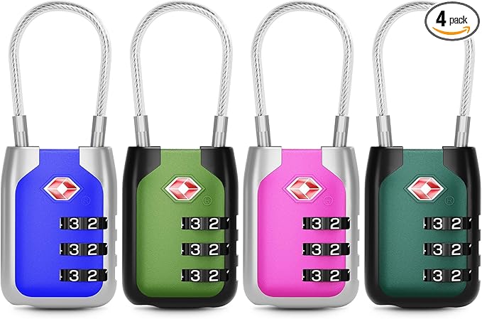 Joyway TSA Approved Luggage Lock, 3 Digit Combination Cable Lock with Alloy Body, Travel Combination Locks for Suitcases, Backpack and Golf Bag (Multicolor, 4Pack)