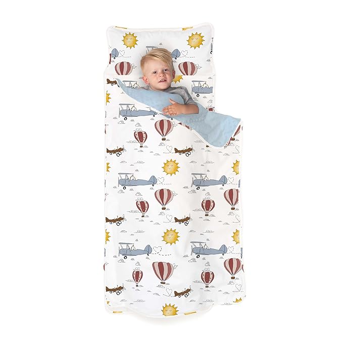 JumpOff Jo Extra Long Nap Mat for Kids - Cozy Kids Rest Mat with Removable Pillow and Ultra Soft Blanket for Preschool, Daycare, and Sleepovers - Travel, Take Flight