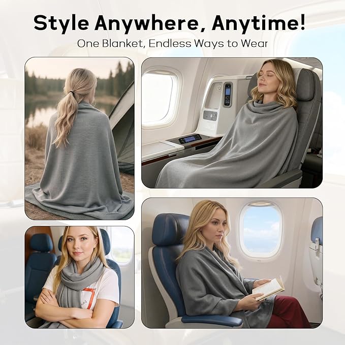 Travel Blanket Airplane - Ultra Soft & Lightweight Knit Design Compact Airplane Blanket,53x72 Inch,Stylish Travel Shawl Wraps for Flights,Office,Home Use,Travel Essentials & Gifts (Grey)