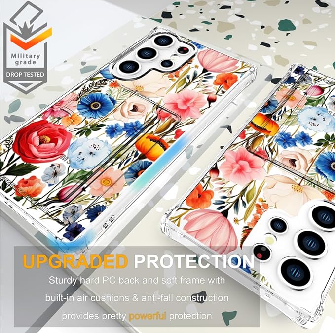 Compatible with Samsung Galaxy S24 Ultra Case Card Holder for Women Cute Design,Wallet Phone Cases Transparent Cool Kawaii Protective (Clear Flower Art Rose Peony)
