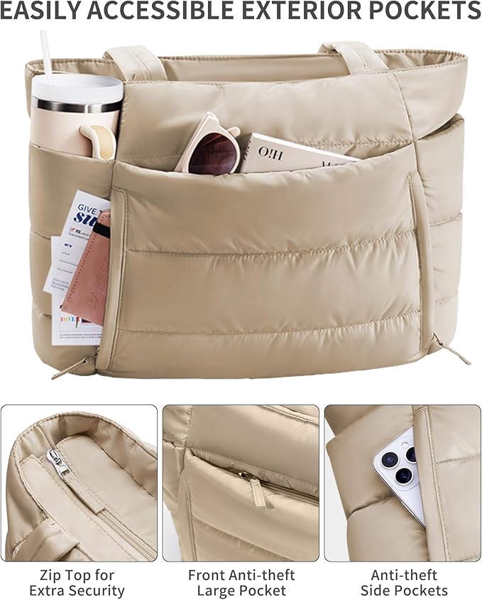 Bagstellar Puffer Tote Bag for Women, Lightweight Puffy Work Handbag Teacher Nurse Quilted Shoulder Bag for School Travel Gym | Cloud Bag w/ Zipper, Daily College Bags, 15.6" Computer Bag, Clinical Nursing Bag, 40 OZ Tumbler Holder, Ideal Gift for Women
