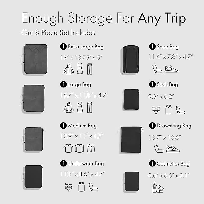 (Not Made In China) Packing Cubes For Travel, Luggage and Suitcase Organizer Bags, Carry On and Backpack Space Savers, Lightweight Waterproof Nylon, 8pc Set, Black