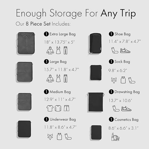 (Not Made In China) Packing Cubes For Travel, Luggage and Suitcase Organizer Bags, Carry On and Backpack Space Savers, Lightweight Waterproof Nylon, 8pc Set, Black