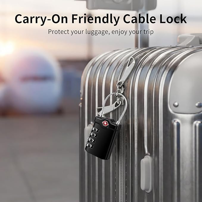 XOOL 2PCS TSA Approved Luggage Locks 4 Digit with Flexible Steel Cable, Resettable Luggage Padlock for Suitcases, Backpacks, Gym Bags & Travel Use