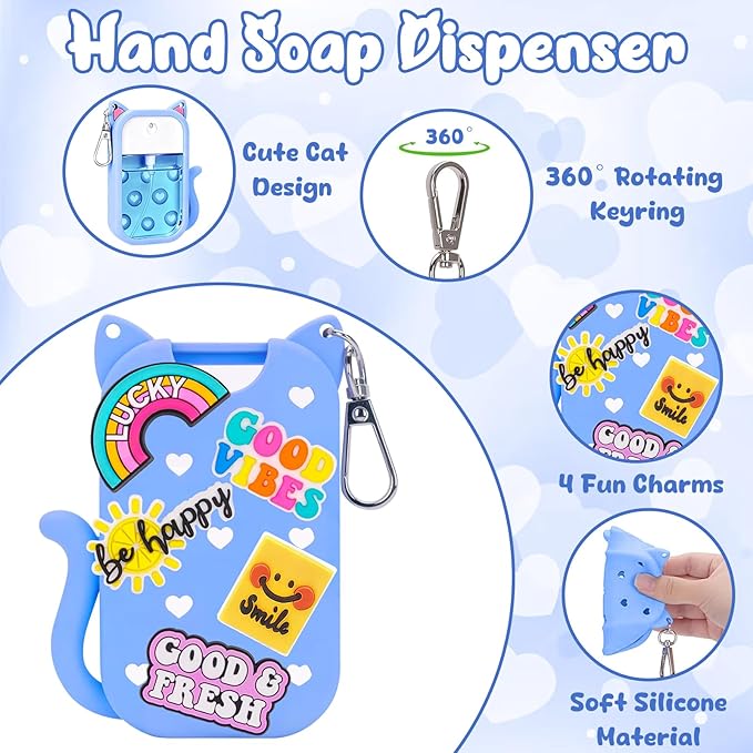 Cat Silicone Case for Touchland Hand Sanitizer Spray with Keychain & Charms,Compatible with Power Mist & Glow Mist 1 FL Oz/30ML for Touchland Case,Cute Travel Cover Sleeve Accessory (Blue Cat)