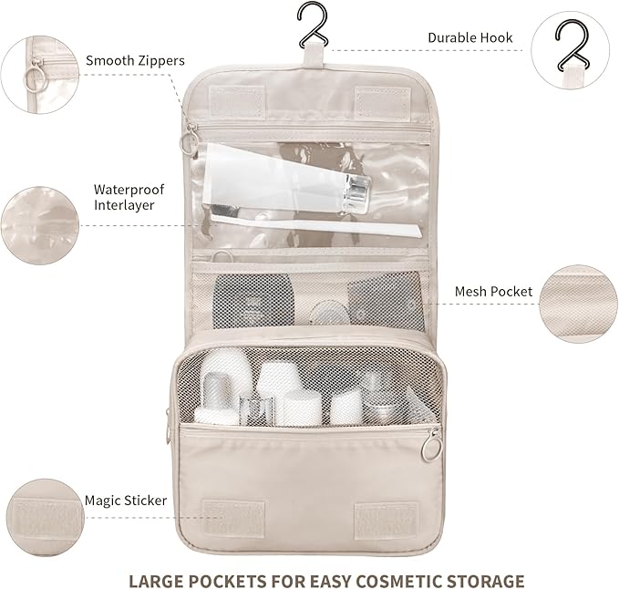 Lcsmaokin Large Capacity Toiletry Bag Travel Bag with Hanging Hook for Men and Women Waterproof Travel Cosmetic Bag Bathroom Storage Bag for Brushes Set, Full-Sized Shampoo,Accessories(Beige)