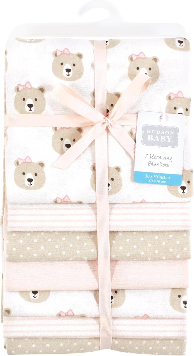 Hudson Baby Unisex Baby Cotton Flannel Receiving Blankets Bundle, Pink Taupe Bear, One Size
