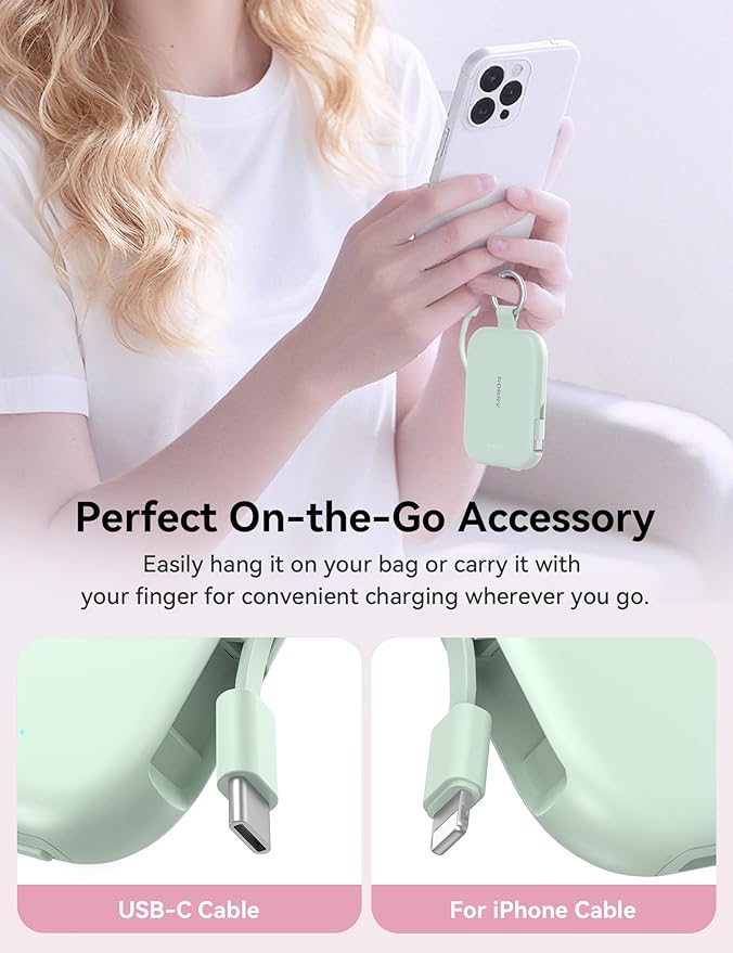 RORRY Portable Charger, 5000mAh Portable Charger Power Bank with Built-in Cables, Travel Keychain Charger Battery Pack for iPhone 17/16/15/14/13/12, for AirPods 2/3/4/Pro, Green