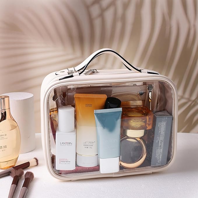 SANHECUN traveling toiletry case clear cosmetics case makeup bag Dimensions | LxWxH:10” x 4.5” x 7.5”(Beige, Medium)