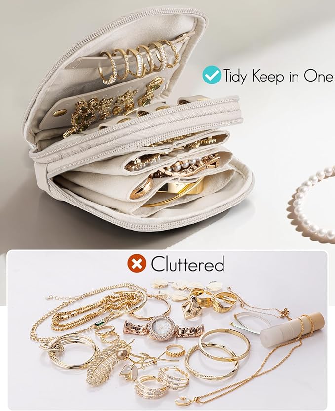 VLANDO Travel Jewelry Case,2-Layer Jewelry Organizer for Travel,Mothers Day Mom Gifts,Multi-Compartment Jewelry Storage for Rings Earrings Necklaces Bracelets-Cream White