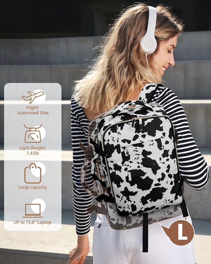 Pritent Travel Backpack for Women Man, Waterproof Personal Item Travel Bag Airline Approved Laptop Backpack Bookbag Weekender bags for Business,Travel, Work Fits 15.6 inch Laptop(Medium,Cowprint)