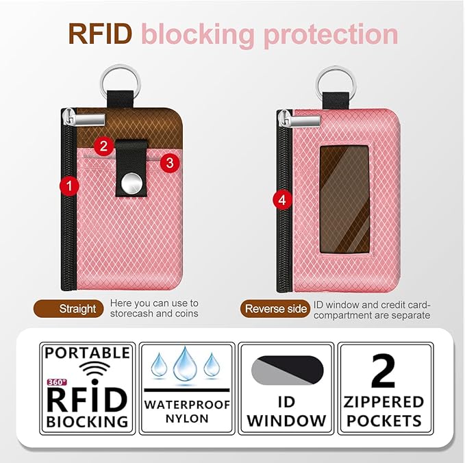 Minimalist RFID Blocking Small Wallet with ID Window,WaterResistant Zip Id Case Wallet with Lanyard Keychain for Cards,Cash,Travel,Women,Men (Pink/Brown)