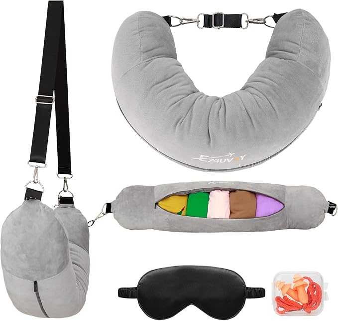 Travel Neck Pillow Stuffable with Clothes, Stuffable Neck Pillow for Travel, Packable Fillable Storage Bag for Airplane Travel, Soft Velvet Neck Pillow Case Cover