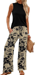 WIHOLL Two Piece Set for Women Summer Spring Outfits Cruise Travel Airport Beach Vacation Mock Neck Wide Leg Pants Set