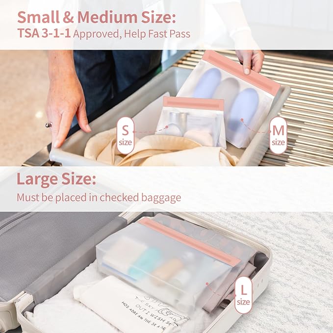 PACKISM Leakpoof Clear Cosmetic Bags - Sealed TSA Approved Toiletry Bags, Reusable and Easy to Clean, Semi-Transparent Clear Toiletry Bag, Carry on Airport Airline Compliant Bag, 1L+2M+1S, Pink