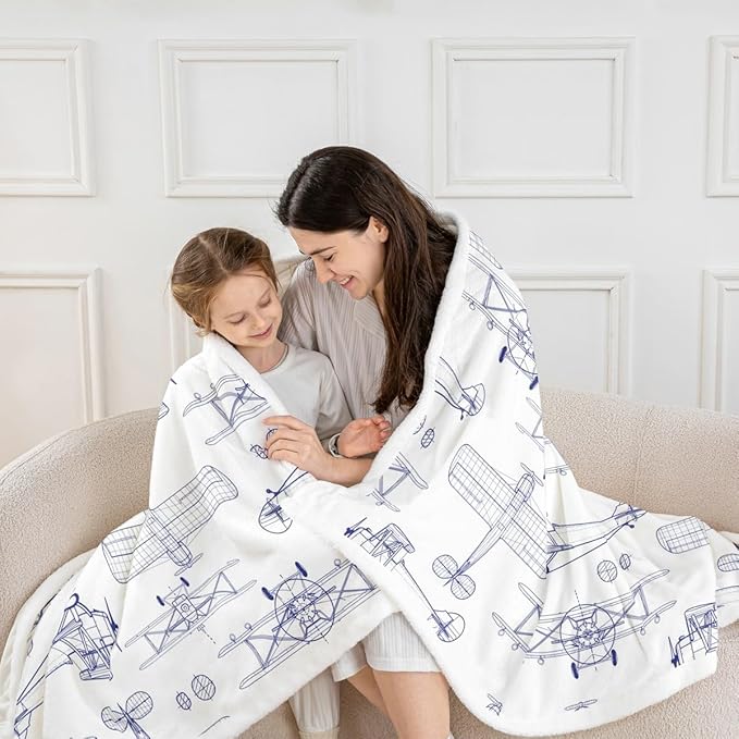 Airplane Kids Throw Blanket,Hand-Painted American Aircraft Toddler Bed Blanket for Girls Boys Adults,Air Vehicles Cartoon Fleece Blanket,Blue White Fuzzy Blanket,Baby Size (30 x 39 Inches)
