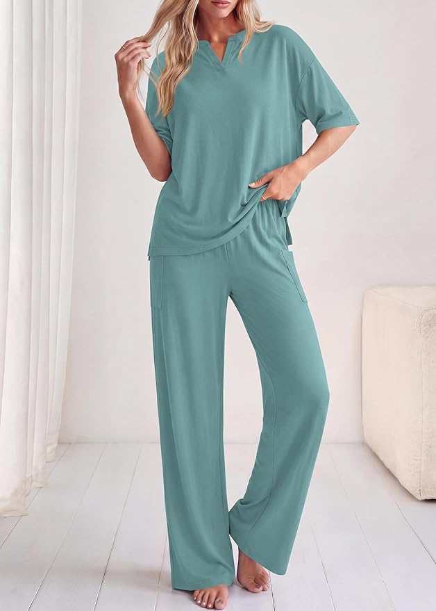 KIRUNDO Womens 2 Piece Matching Lounge Set Airport Travel Vacation Summer Outfits Oversized Short Sleeve Tops Wide Leg Pants