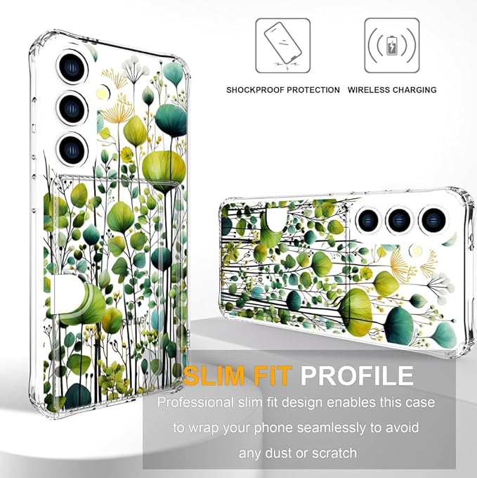 Compatible with Samsung Galaxy S24+ Plus / S25+ Plus Case Card Holder for Women Cute Design,Wallet Phone Cases Transparent Cool Kawaii Protective (Clear Green Flower Leaves Buds)