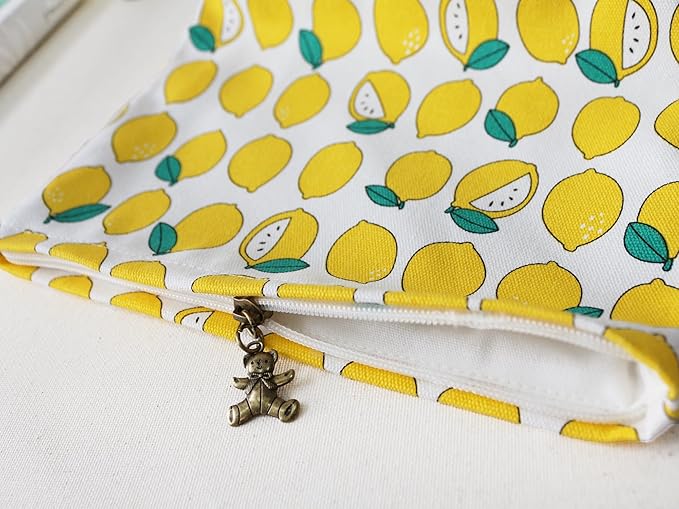 HAPPYHEIDI Canvas Makeup Bag, Cosmetic Travel Pouch, Cute Lemon, Cotton Blend, Fruit Pattern, Zipper Closure, 7.1x2.4x7 Inches