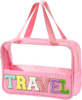 BuyCard Chenille Letter Patch Clear Travel Bags, Preppy PVC&Nylon Makeup Bag with Handle and Zipper, Waterproof Large Clear Travel Toiletry Bag Storage Bag for Women Girls
