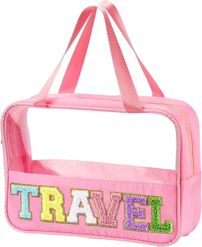 BuyCard Chenille Letter Patch Clear Travel Bags, Preppy PVC&Nylon Makeup Bag with Handle and Zipper, Waterproof Large Clear Travel Toiletry Bag Storage Bag for Women Girls