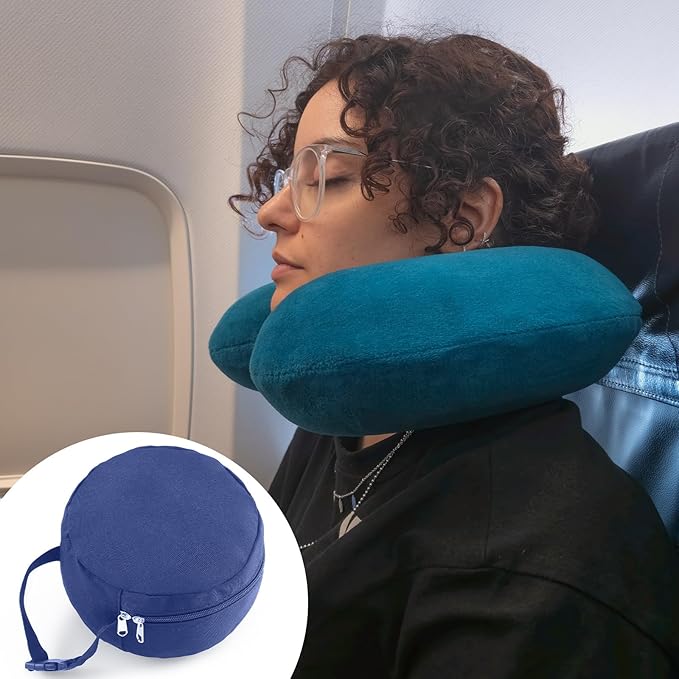 1 Pcs Travel Neck Pillow Bag Compact Travel Neck Carrying Case Bag for Airplane Train Journey Quick Release Clasp Attaches to Luggage Purse Backpack, Pillow Not Included(Blue)