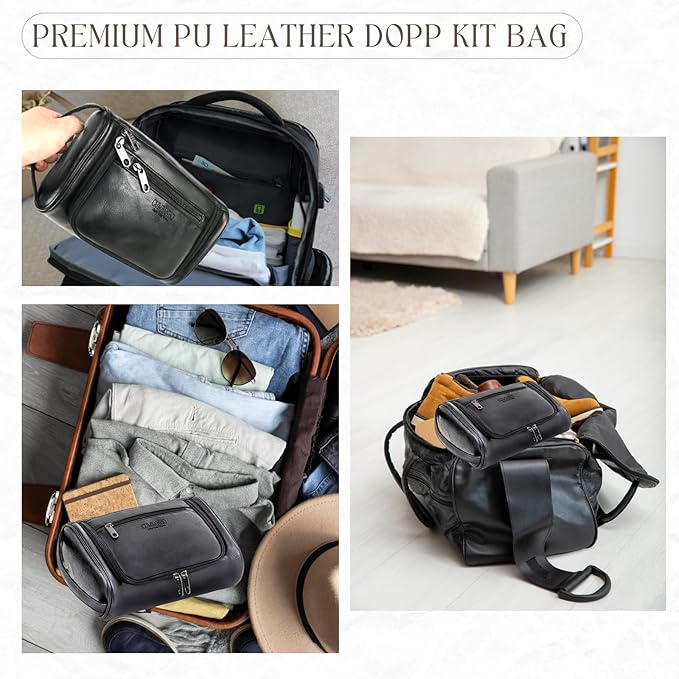 Mens Toiletry Bag,Compact Dopp Kit for Men Travel, PU Leather Shaving Kit, Water-Resistant Minimalist Organizer with Wrist Strap,Travel Toiletry Bag, Gift for Men,Large 10x6.5x4"Classic Black