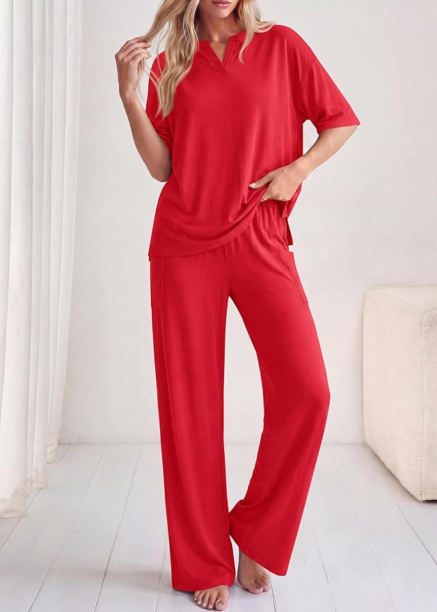 KIRUNDO Womens 2 Piece Matching Lounge Set Airport Travel Vacation Summer Outfits Oversized Short Sleeve Tops Wide Leg Pants
