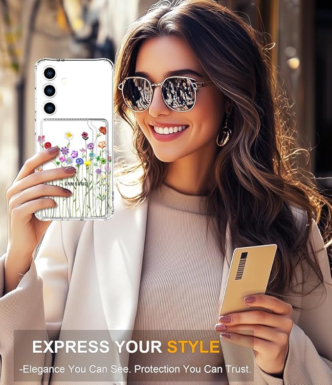 Compatible with Samsung Galaxy S24 / S25 Case Card Holder for Women Cute Design,Wallet Phone Cases Transparent Cool Kawaii Protective (Clear Flower Floral Bouquet)