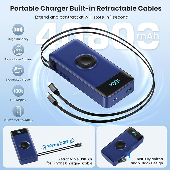 5-in-1 Portable Charger for iPhone,40800mAh Power Bank Built-in Retractable Cable and iWatch Charger,25W PD Fast Charging Battery Pack,Travel Essential Charger for iPhone 17/Air/16,Android,Navy Blue
