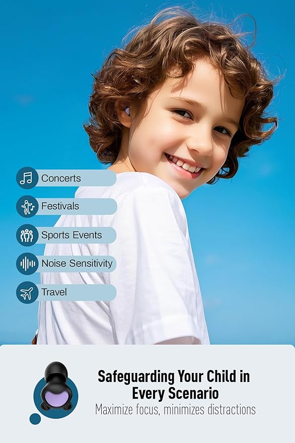 Kids Ear Plugs (6-12 Years) with Cord, Kids Ear Protection Reusable Noise Relief Earplugs for Focus, Travel, Concert, Socializing, Events, Sleep, Anxiety, Home, School, Playtime -26dB Noise Reduction