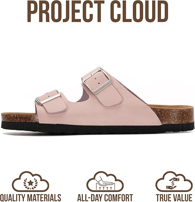 Project Cloud 100% Genuine Leather Flat Sandals For Women 2026 Cork Footbed Womens Sandals with Memory Foam and arch support Vacation Essentials Slides for Women Footwear (Venita)
