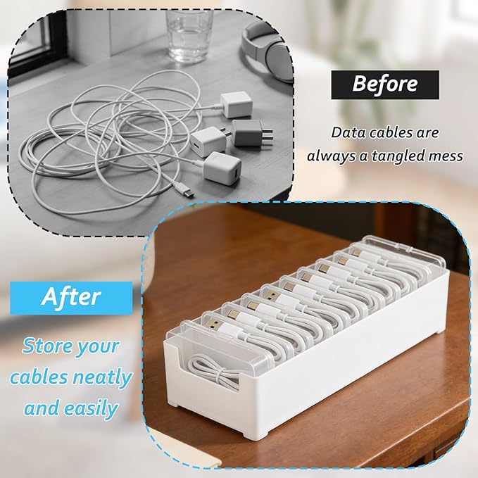 4 Sets Cable Organizer Storage Box with 11 Clear Switch Case Desktop Cable Management Box Power Cord Organizer Stackable Cords Storage Organizer for Office Home Desk Accessories Stationery Supplies