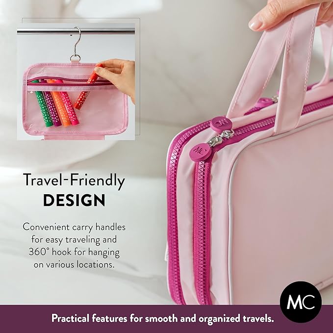 Kids Travel Organizer – Multi-Compartment, Water-Resistant Hanging Bag for Toys, Snacks, & Activities - Compact, Lightweight Design with Hook & Carry Handle - Perfect for Travel Use (Pink, Small)