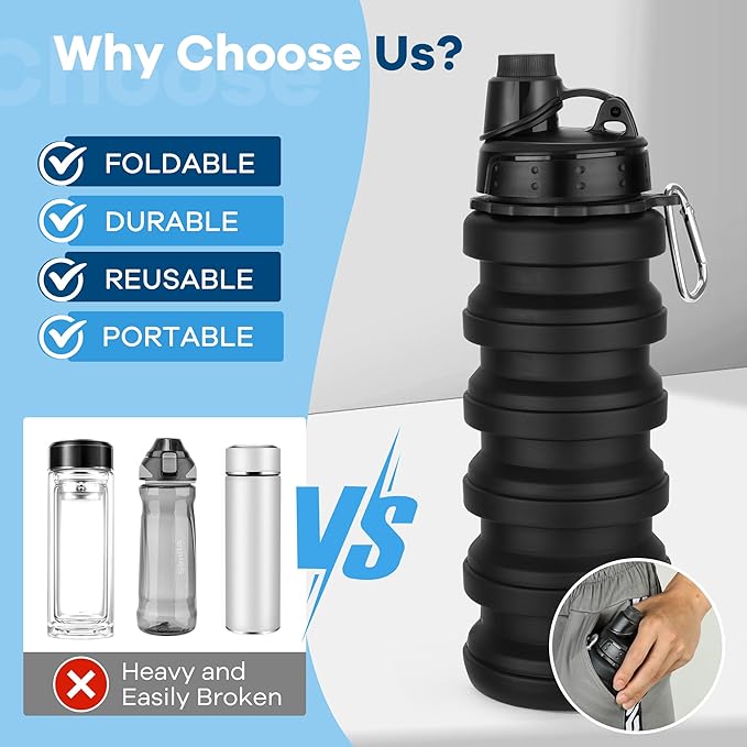 Collapsible Water Bottles 17oz, Reusable BPA Free Silicone Foldable Water Bottle With Carabiner, Lightweight Leakproof Travel Water Bottle for Gym, Traveling, Camping, Hiking, Sports-Blue