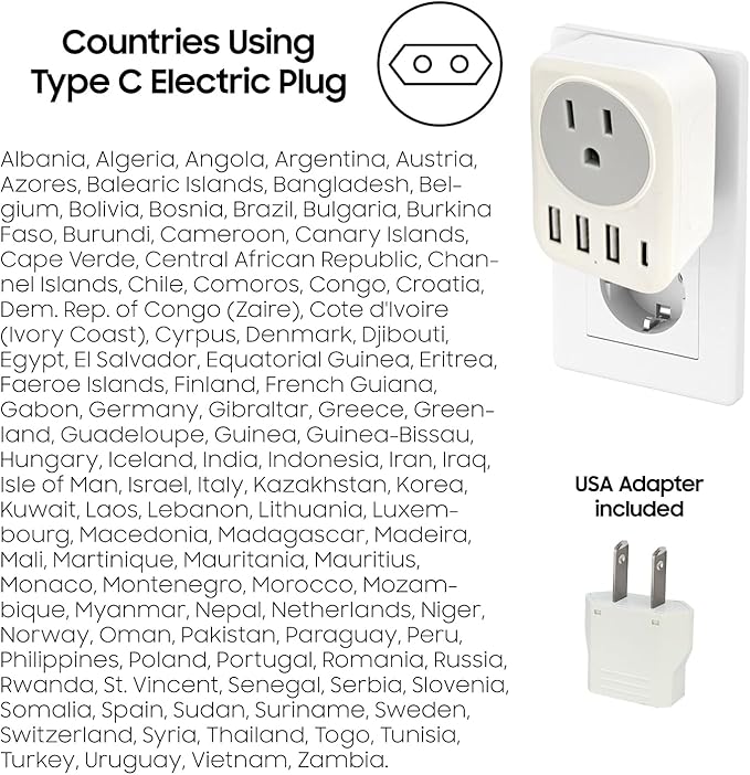 European Travel Plug Adapter USB C, Cellet International Plug Adapter with 1 AC Outlets and 4 USB Ports, Type-C Power Adaptor Charger for US to Most of Europe Iceland Spain Italy France Germany